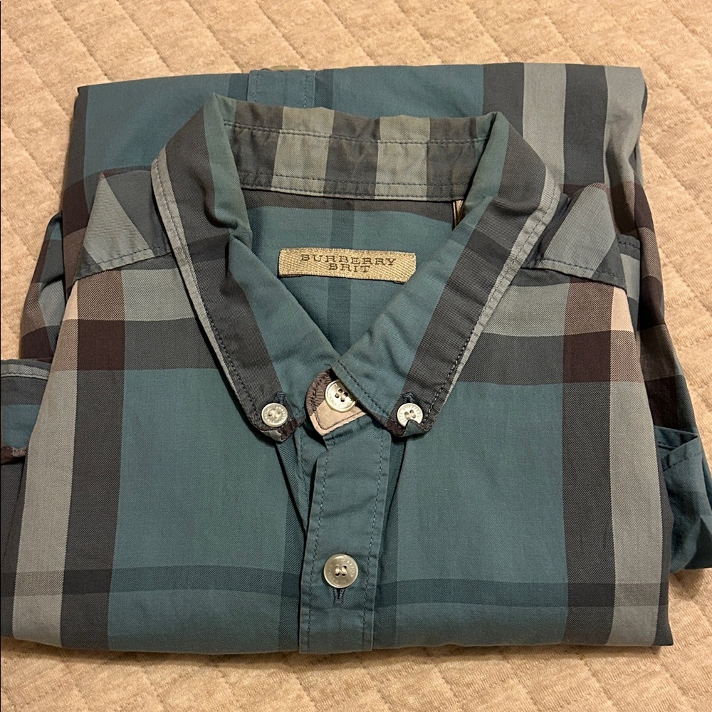 Burberry Teal and Gray Plaid Men's Shirt